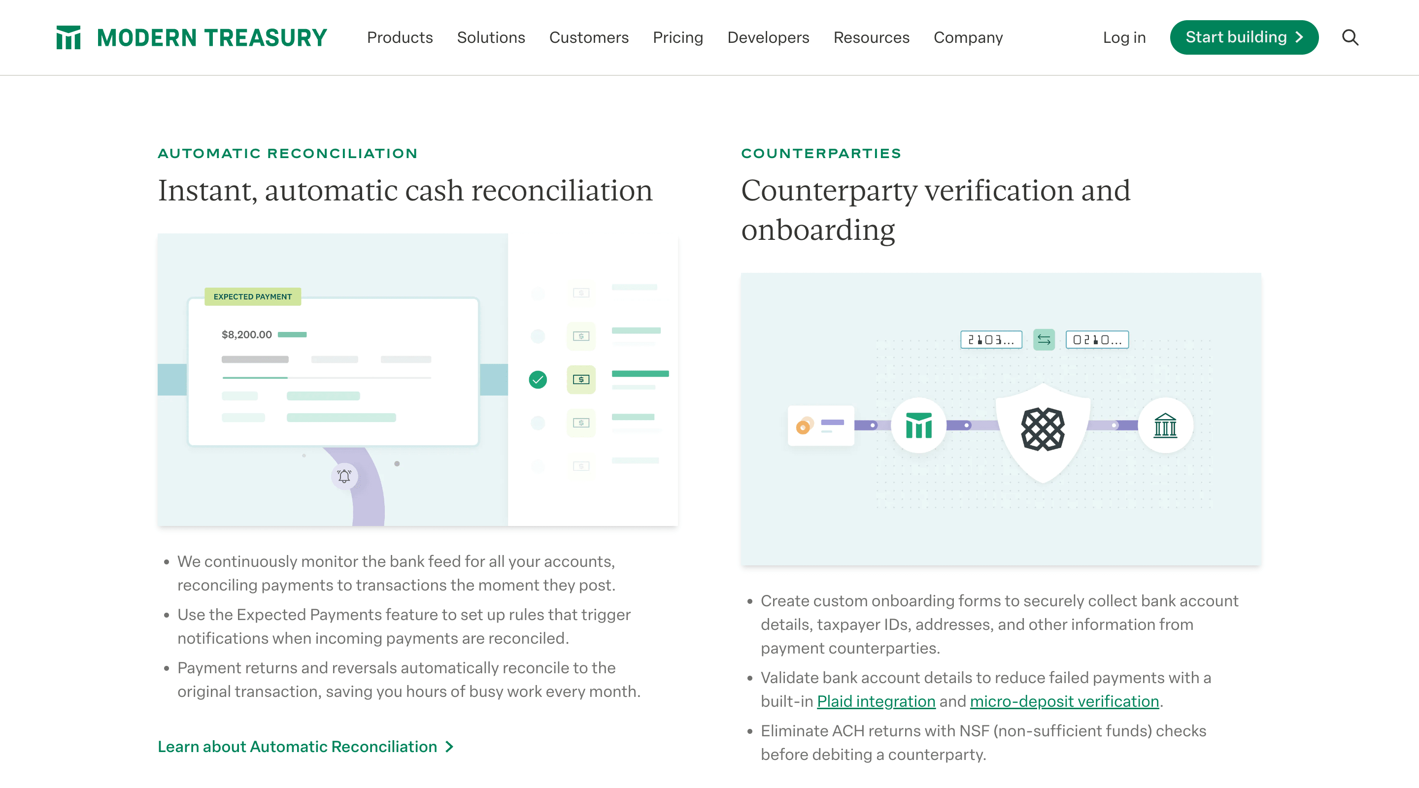 Screenshot of the Modern Treasury website. The header contains the Modern Treasury logo, main site navigation,'log in' and 'sign up' buttons, and a search button. The visible section contains information about 'Automatic Reconciliation' and 'Counterparties', and includes an illustration representing each.